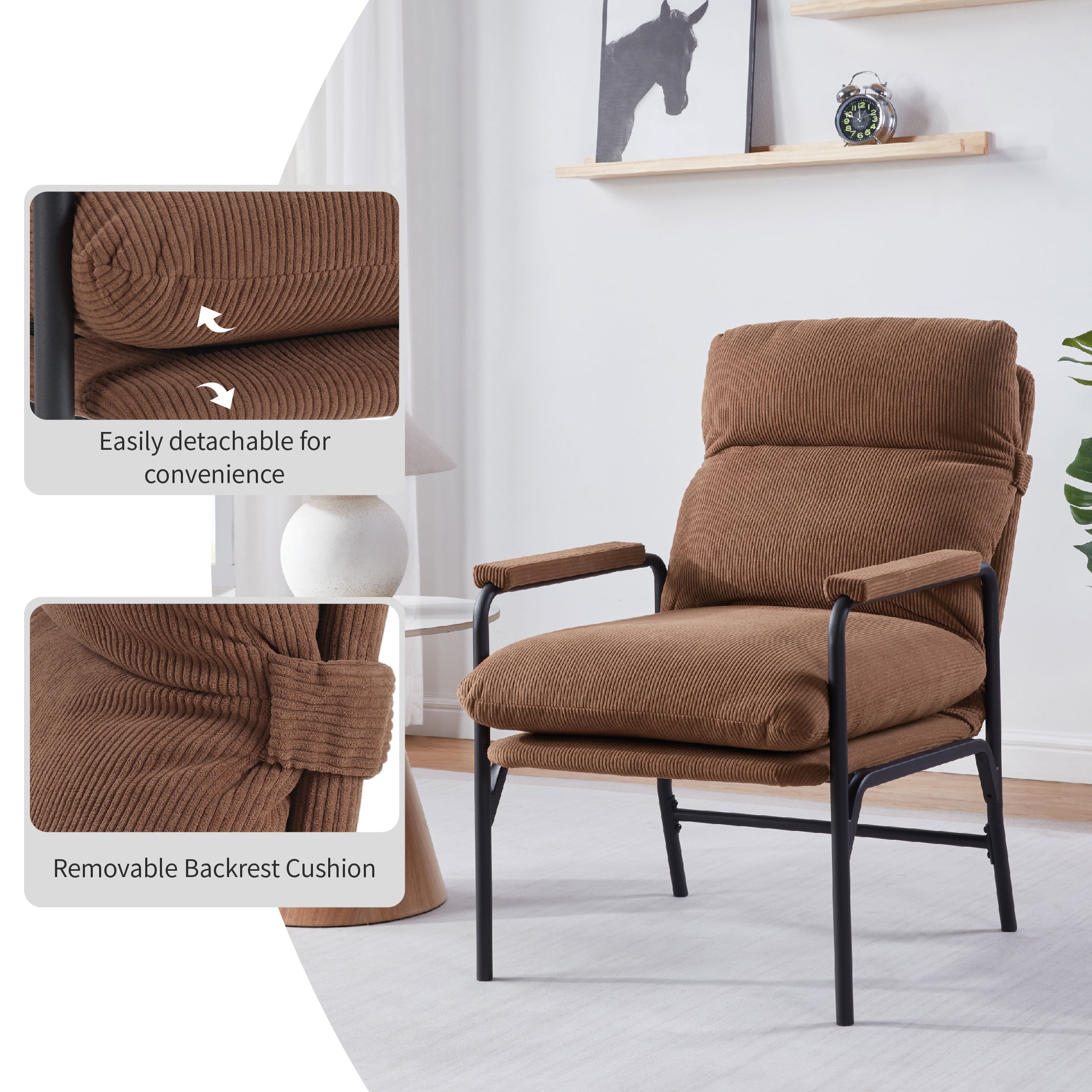 Modern Accent Chair, Reclining Chair With Adjustable Backrest, Corduroy Chair With Metal Frame, Reading Chair, Comfy Lounge Chair For Living Room, Bedroom, Office, Brown_voghion.com